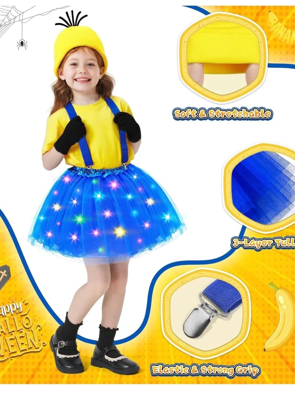 Kids Blue Light-Up Tutu Minion-Inspired Costume Set with Yellow Hat